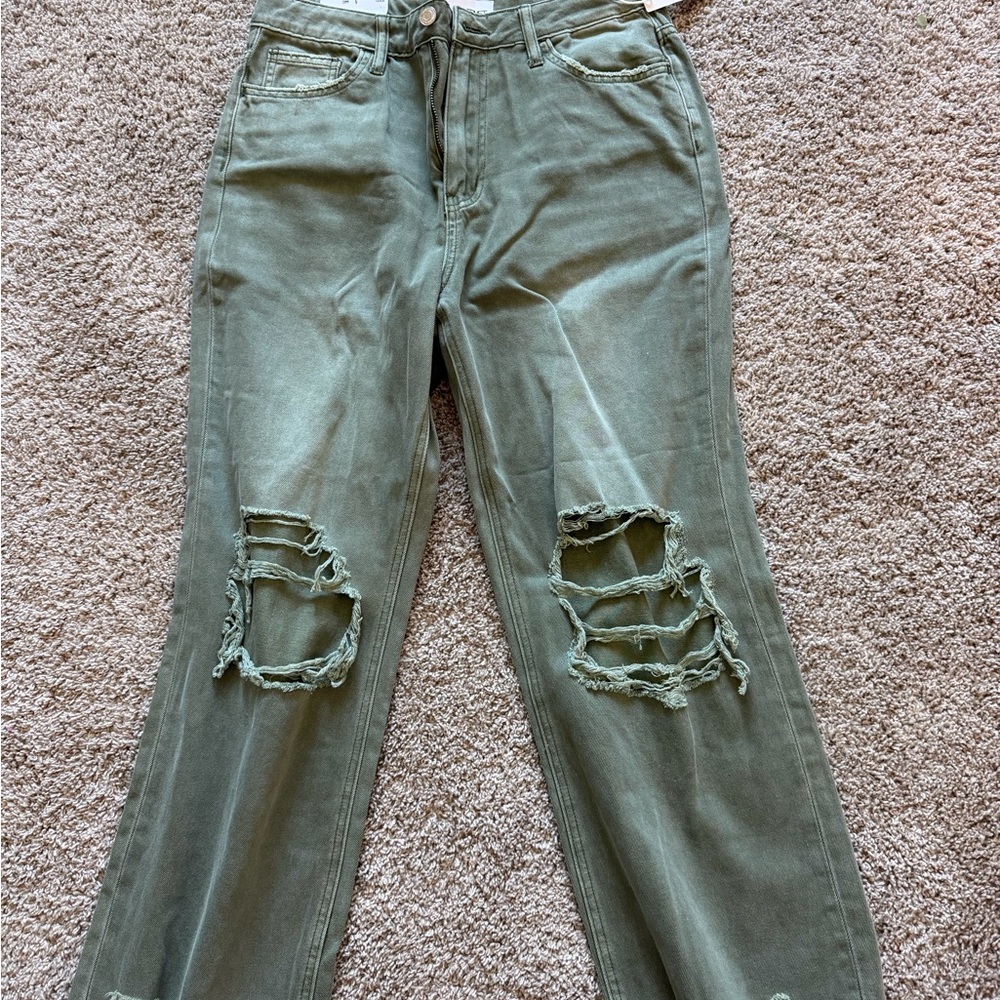 Olive Green Distressed Straight Leg Jeans